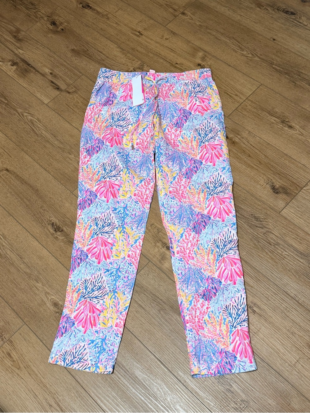Lily Pulitzer Linen  Floral Coral Print Pull-On Pants - Pink Blue Yellow